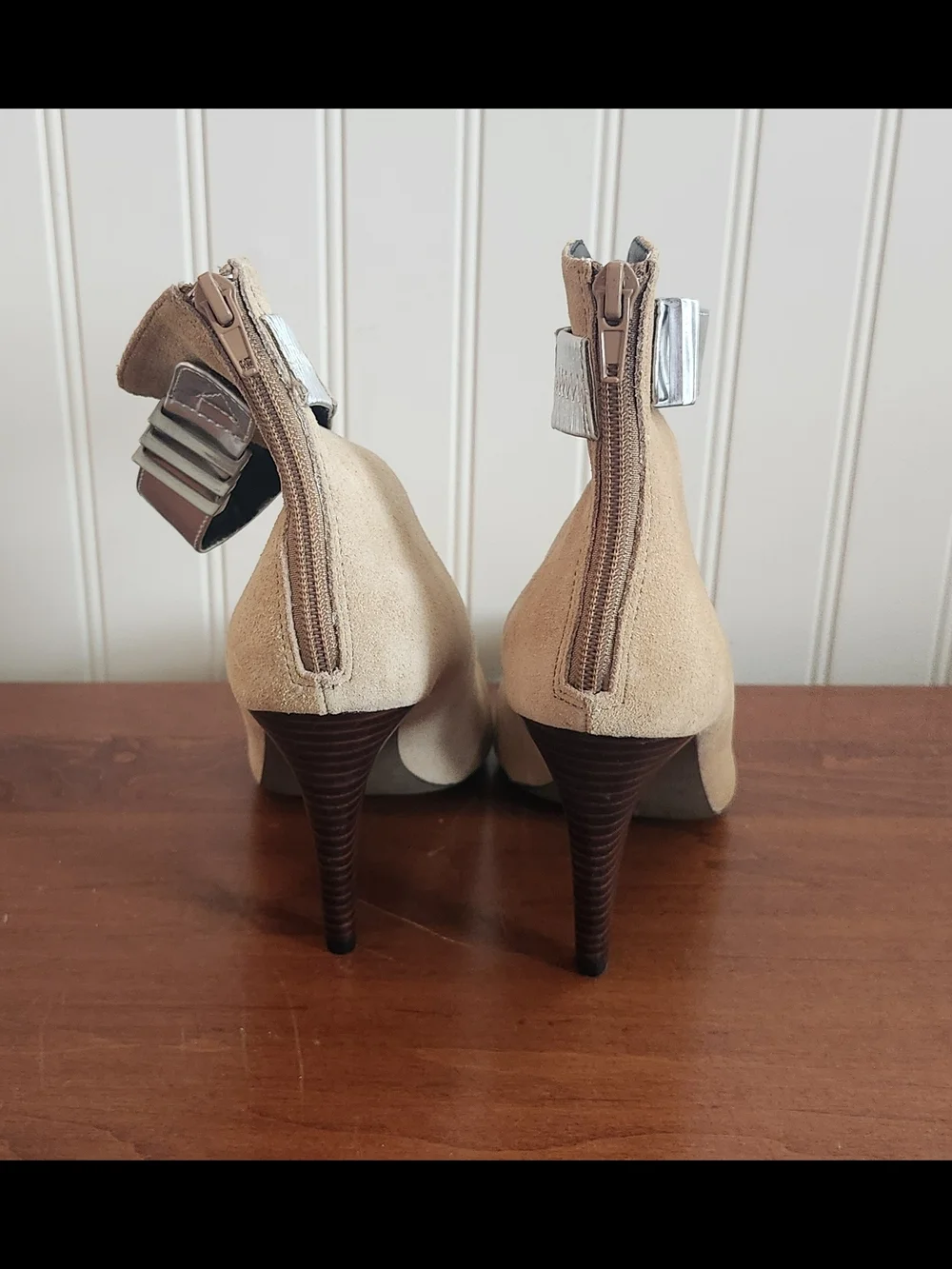 Kelsi Dagger Women's Beige Suede Pointed-Toe Ankle-Strap Heels